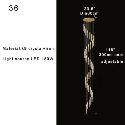 Gold-toned k9 crystal decorbites crystal chandelier with iron base and adjustable cord for circular stairwell lighting