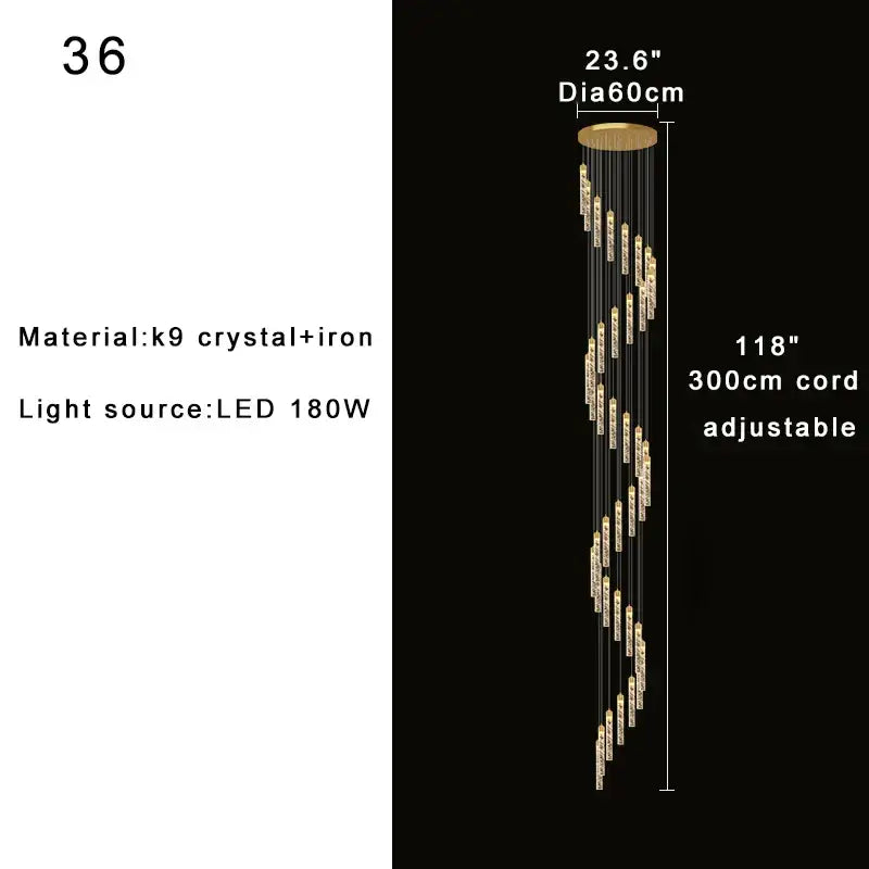 Gold-toned k9 crystal decorbites crystal chandelier with iron base and adjustable cord for circular stairwell lighting