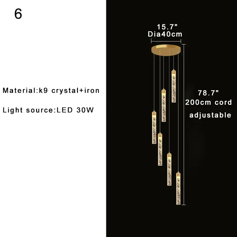 Gold-toned decorbites crystal chandelier with five cascading k9 crystal rods for circular stairwell and two-storey foyer