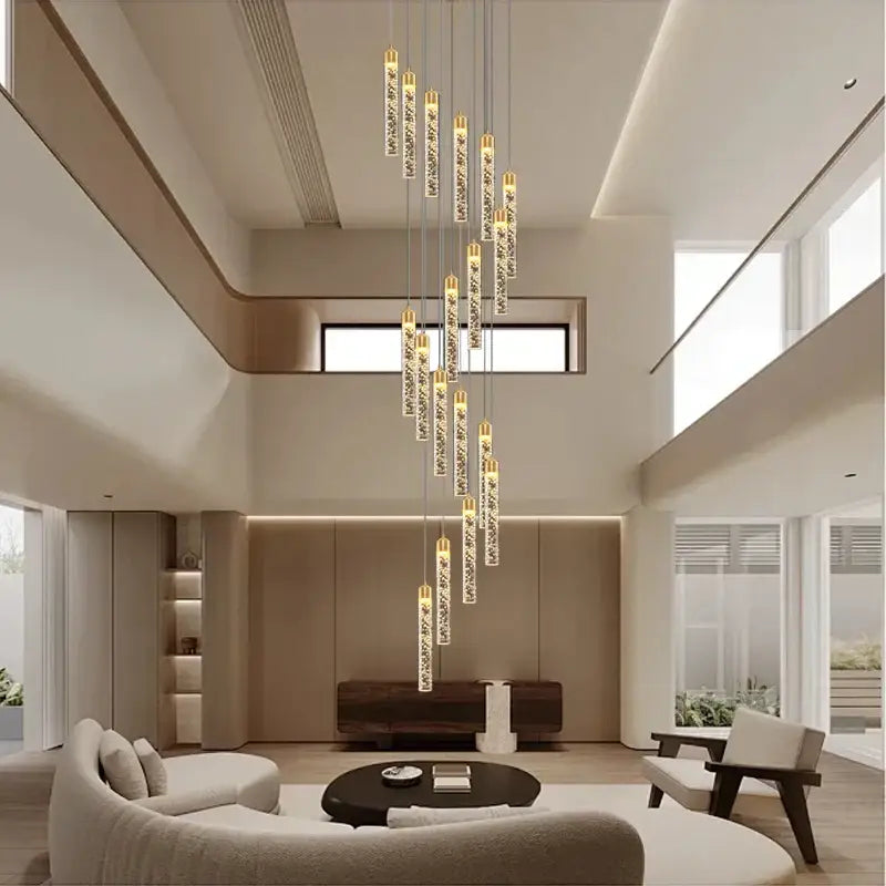 Modern decorbites crystal chandelier with cylindrical glass pendants and golden tops for circular stairwell lighting