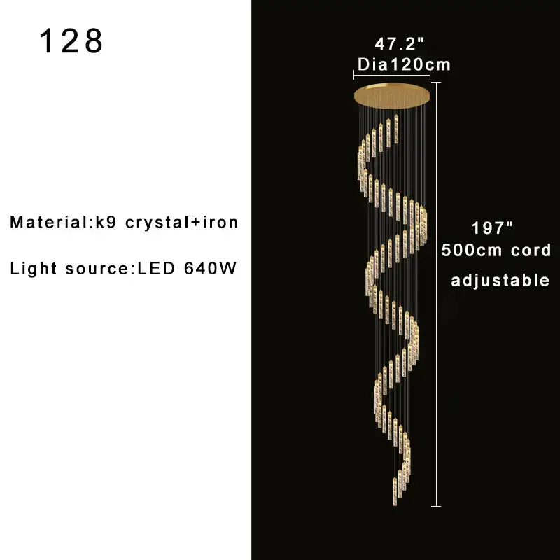 A golden spiral decorbites crystal chandelier made of k9 crystal and iron with adjustable cord for circular stairwell