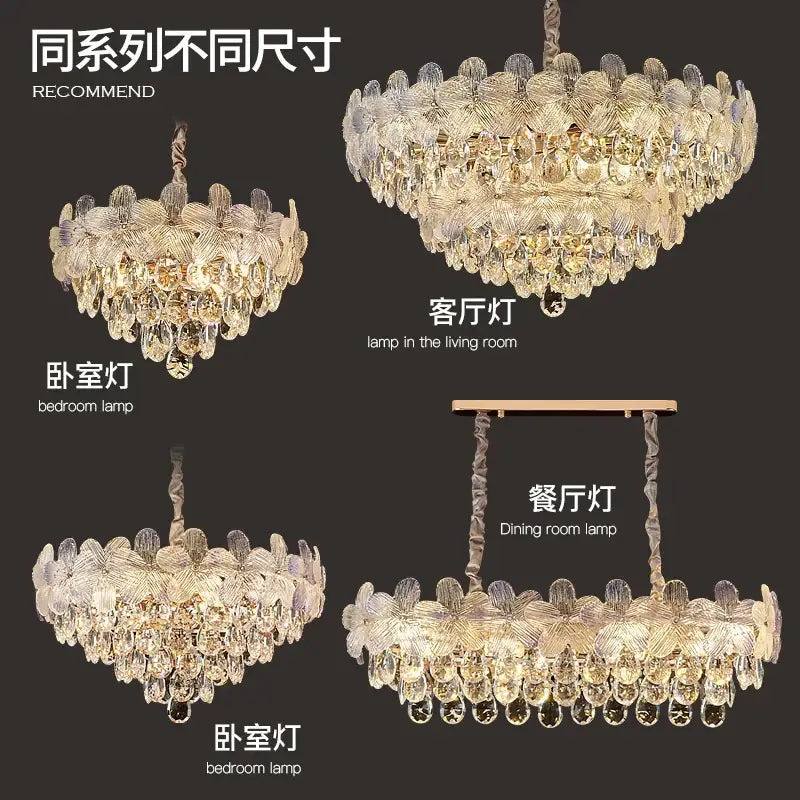 Elegant decorbites crystal chandelier with gold-toned metal frame and cascading leaf glass for living room and master bedroom