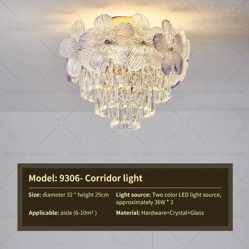 Elegant decorbites crystal chandelier with floral design featuring translucent lavender and clear glass petals for living spaces