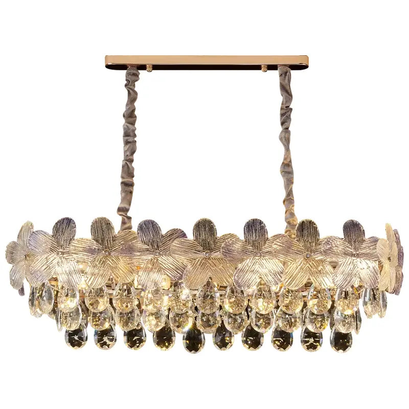 Elegant gold-toned DecorBites crystal chandelier with faceted crystal flowers and cascading teardrop crystals for living rooms