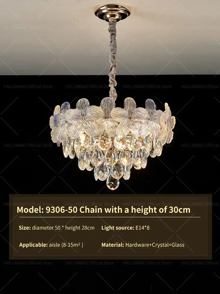 A delicate decorbites crystal chandelier with golden metal mount and layered glass flowers for living room and bedroom