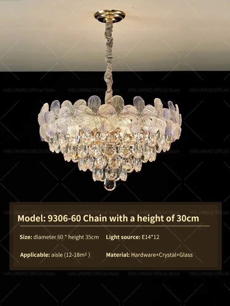 Elegant DecorBites crystal chandelier with gold-toned mount and layered flower glass, ideal for living room and bedroom