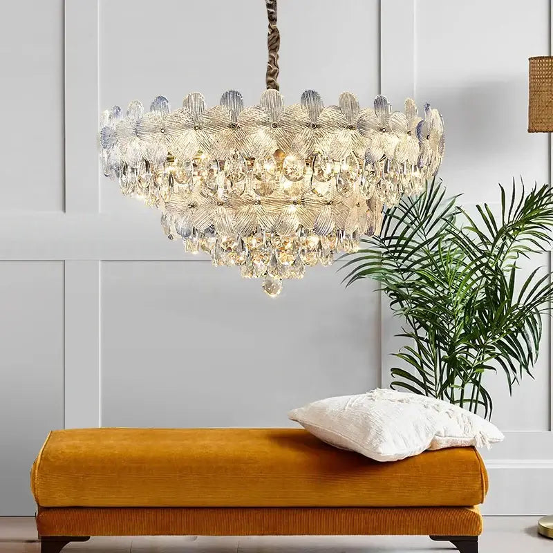 Decorbites crystal chandelier in french cream with multi-tiered leaf-shaped and teardrop crystals for living room and bedroom