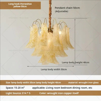 A golden bell-shaped decorbites crystal chandelier with wrought iron copper frame and adjustable pendant for dining rooms