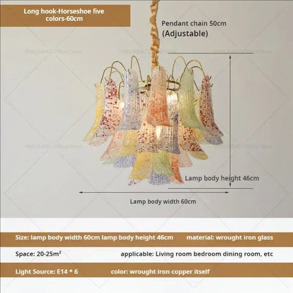 DecorBites crystal chandelier with colorful glass shades and copper wrought iron frame for living and dining rooms