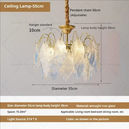 Decorbites crystal chandelier with golden wrought iron frame and translucent white blue leaf glass shades for living room