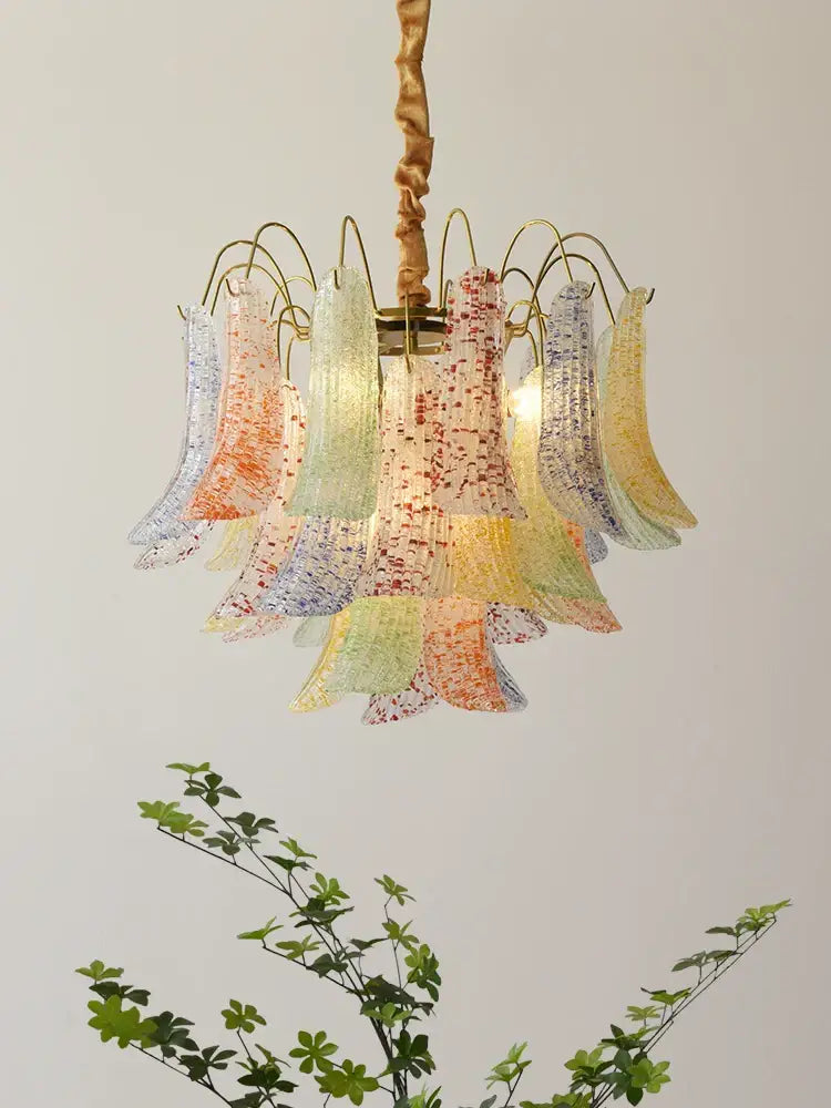 DecorBites crystal chandelier with pastel glass shades and twisted wooden rod for villa dining and living rooms