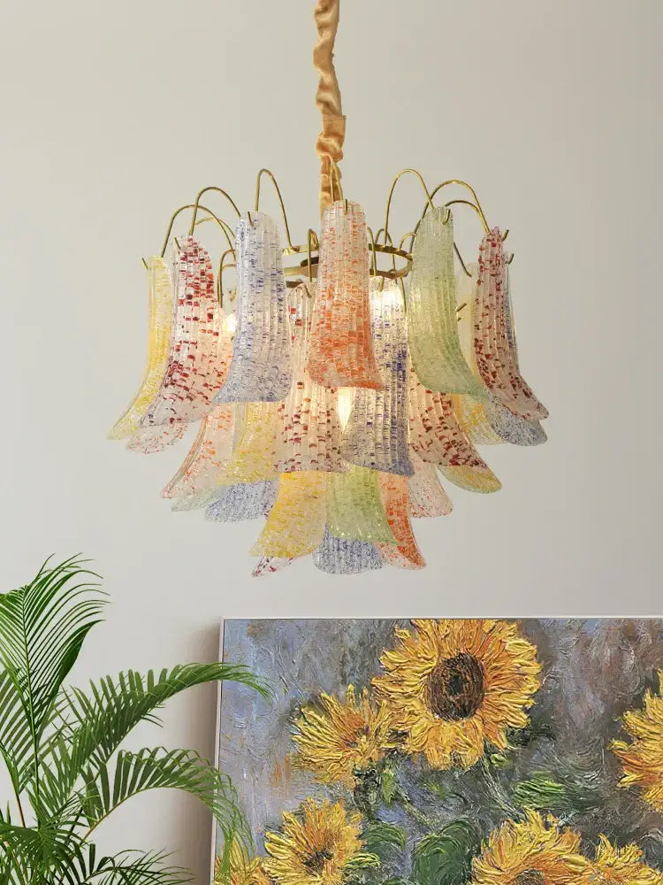 Decorbites crystal chandelier with translucent pastel glass petals in yellow green and orange for villa dining rooms