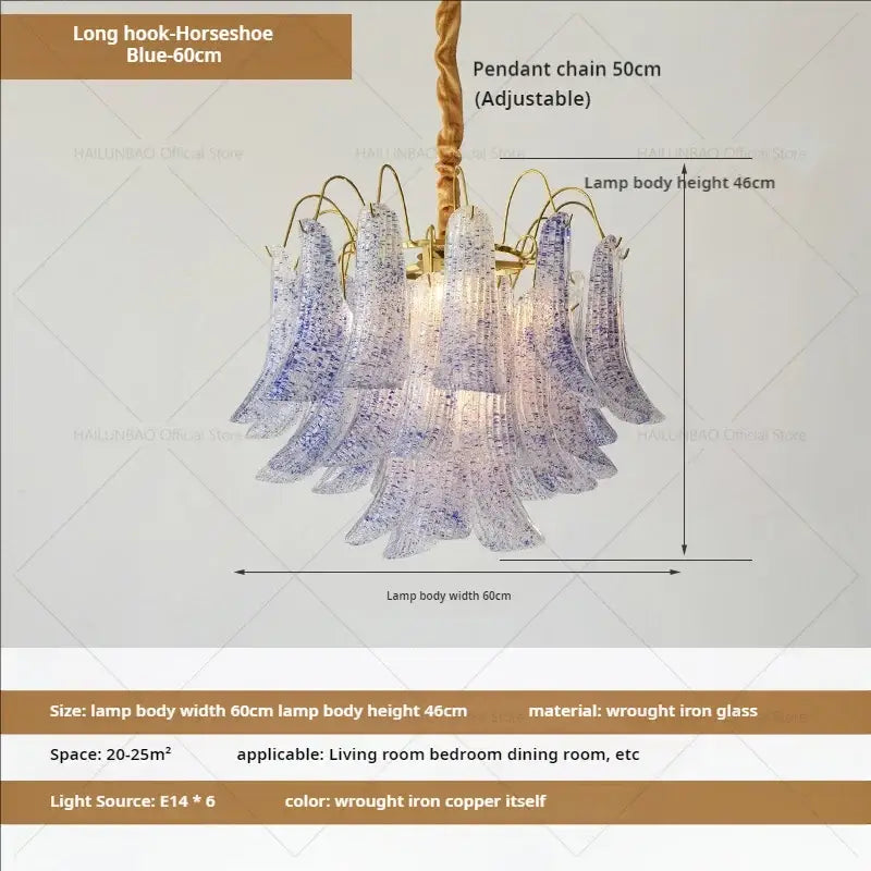 Blue glass decorbites crystal chandelier with wrought iron copper frame and adjustable pendant chain for living rooms