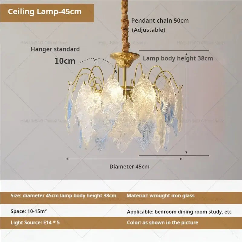 Elegant 45cm decorbites crystal chandelier with golden wrought iron frame and translucent glass leaf shades in white and blue