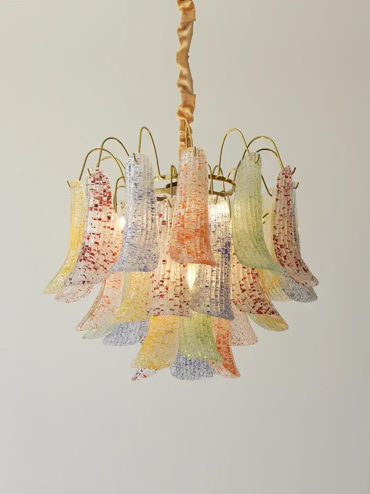 A decorbites crystal chandelier featuring vibrant multi-colored translucent petal-shaped glass shades with speckled patterns