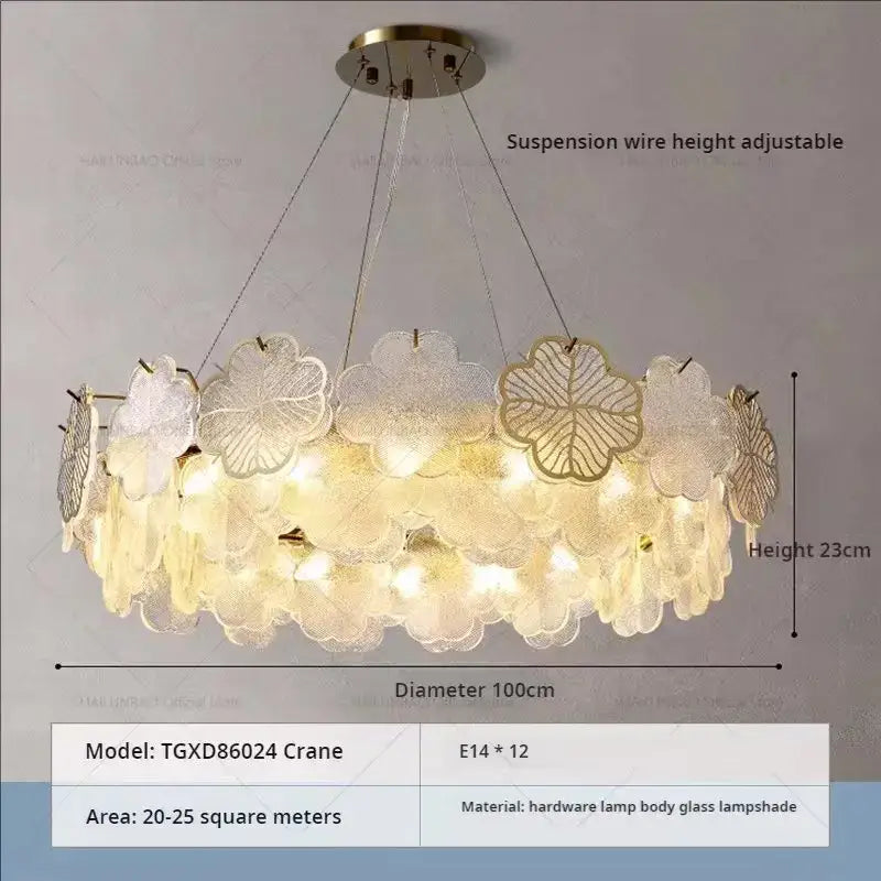Decorbites crystal chandelier featuring translucent glass petals with intricate leaf and flower designs in soft white