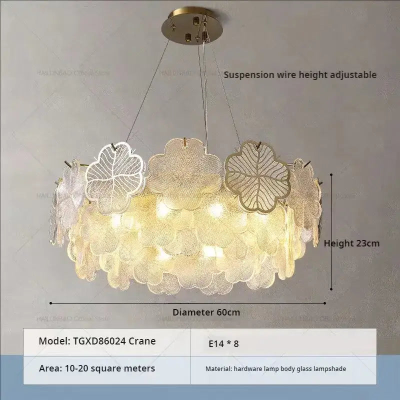 Decorbites crystal chandelier with layered glass leaf lampshades in translucent white and frosted gold for modern spaces