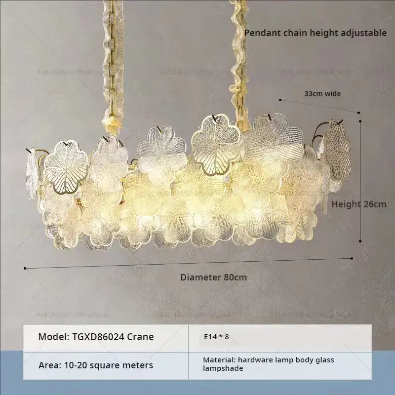 Elegant white glass decorbites crystal chandelier with leaf-shaped lampshades and gold-toned chains for living spaces
