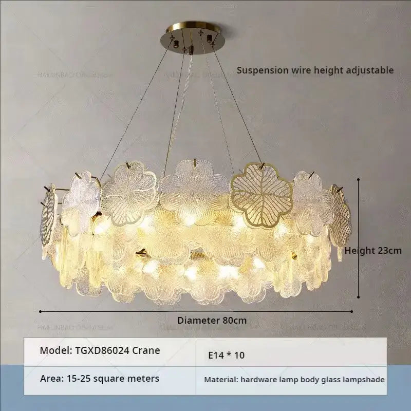 Elegant decorbites crystal chandelier with translucent glass flower and leaf shades for living room and dining room luxury