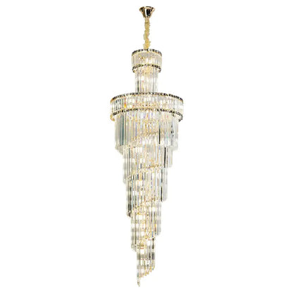 Elegant gold-toned DecorBites crystal chandelier with cascading clear crystal prisms and embedded lights for living spaces