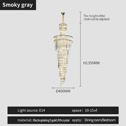 A decorbites crystal chandelier with smoky gray finish, gold electroplated frame, and clear k9 crystals for elegant rooms