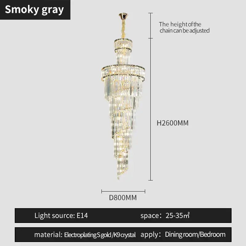 Decorbites crystal chandelier smoky gray with cascading clear crystals and gold metal accents for dining and living rooms