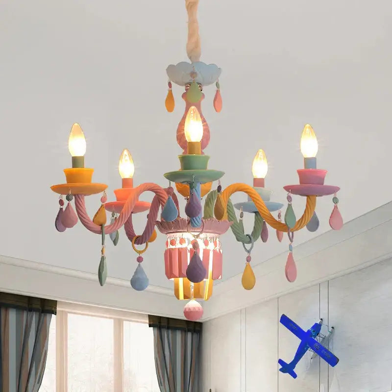 Decorbites crystal chandelier with pastel multi-armed metal frame and teardrop ornaments for girl baby bedroom lighting