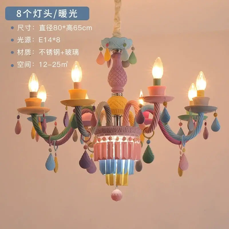 Pastel-colored decorbites crystal chandelier with painted metal arms and glass droplets for princess room lighting