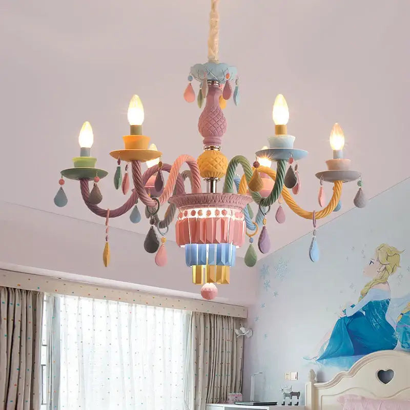 Pastel-colored decorbites crystal chandelier with colorful rope-like arms and teardrop ornaments for princess room lighting