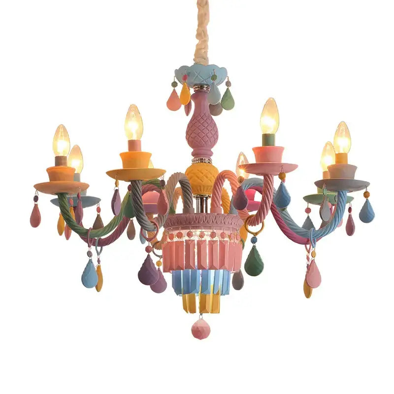 Pastel-colored decorbites crystal chandelier with painted ceramic and rope arms featuring teardrop beads for a girl baby bedroom