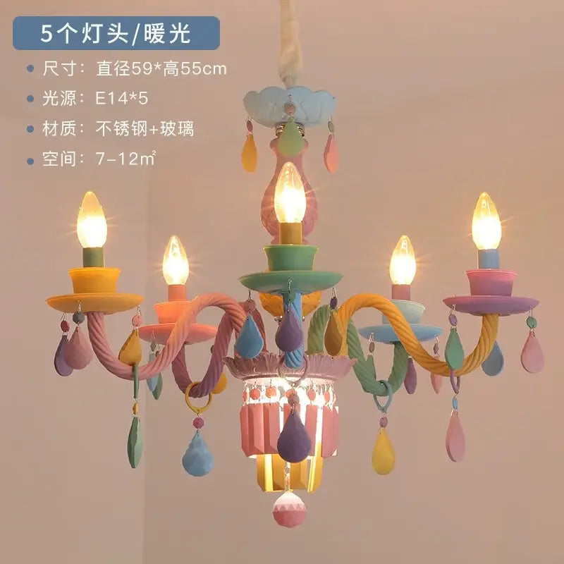 Pastel-colored decorbites crystal chandelier with five candle-style lights made of stainless steel and glass for princess room lighting