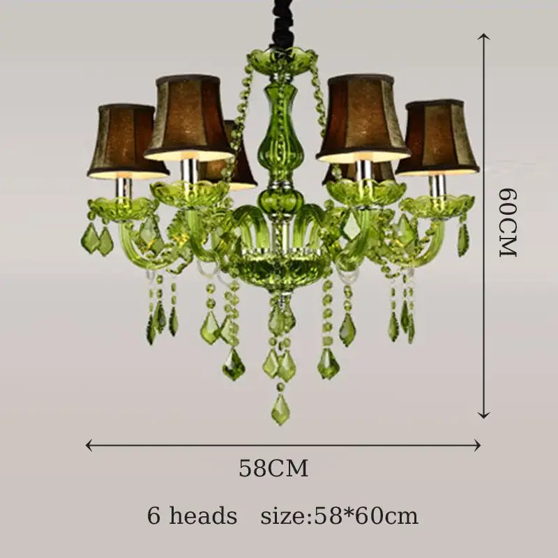Emerald green decorbites crystal chandelier with six ornate arms brown fabric shades and dangling teardrop crystals for elegant lighting