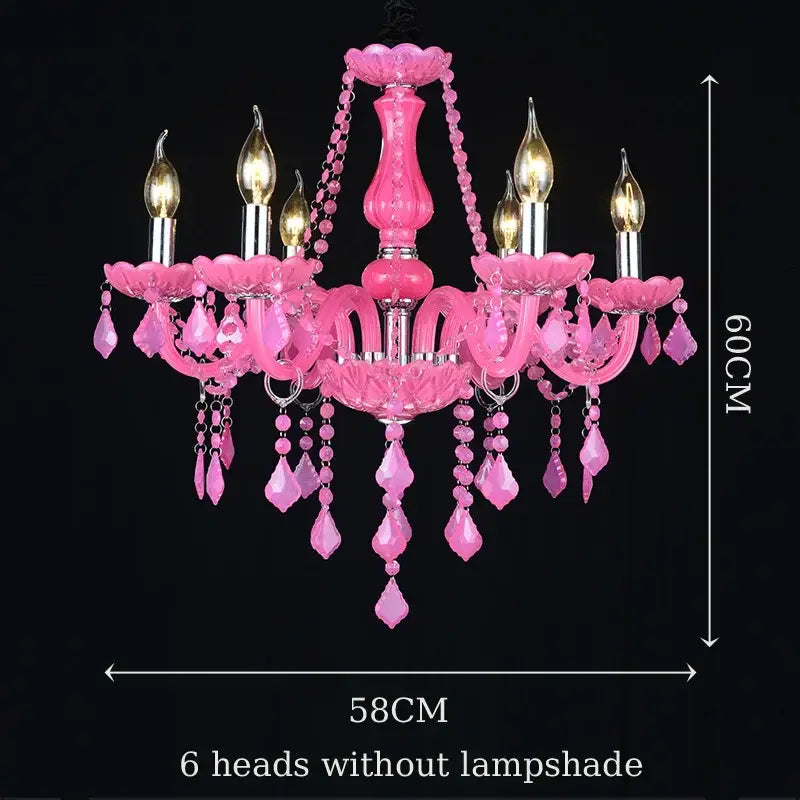 A vibrant pink decorbites crystal chandelier with six ornate arms and teardrop beads for wedding parlor and bedroom lighting