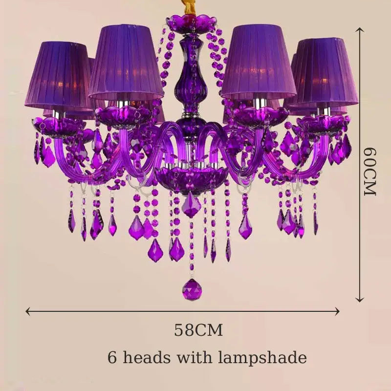 Vibrant purple decorbites crystal chandelier with six lampshades and teardrop crystals for elegant lighting
