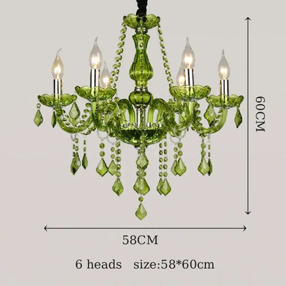 Six-light green crystal chandelier with faceted glass arms and teardrop beads by decorbites crystal chandelier for elegant lighting