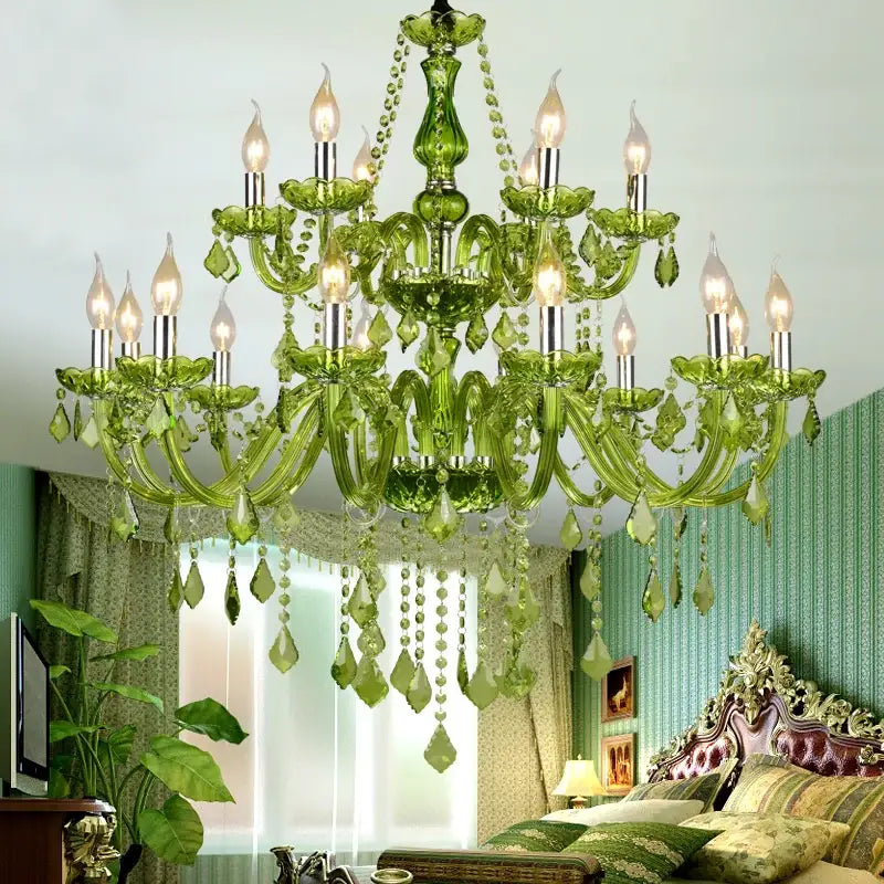 Emerald green decorbites crystal chandelier with candle-style bulbs and crystal droplets for elegant lighting