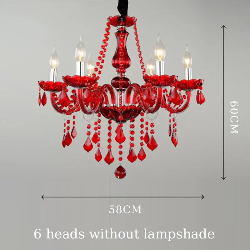 Vibrant red decorbites crystal chandelier with six candle lights and teardrop beads for wedding parlor and bedroom lighting