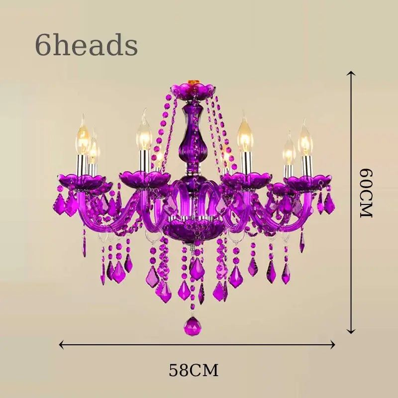 Vibrant purple decorbites crystal chandelier with six ornate arms and beads for wedding parlor bedroom and more