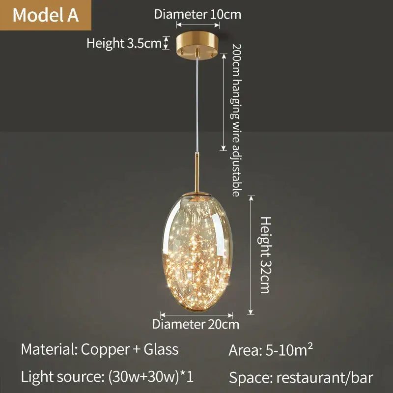 A modern copper and glass decorbites crystal chandelier pendant light with warm glowing filaments for dining room