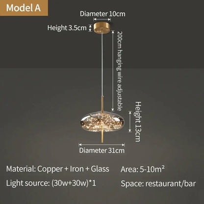 A modern decorbites crystal chandelier glass pendant light with copper and iron frame and sparkling led shade for dining rooms