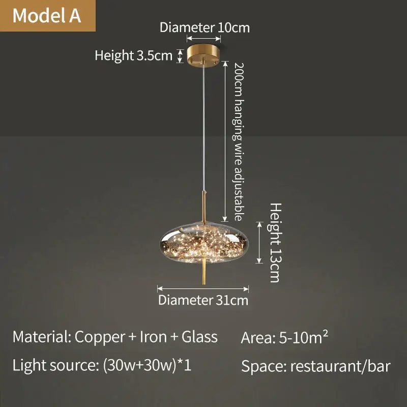 A modern decorbites crystal chandelier glass pendant light with copper and iron frame and sparkling led shade for dining rooms