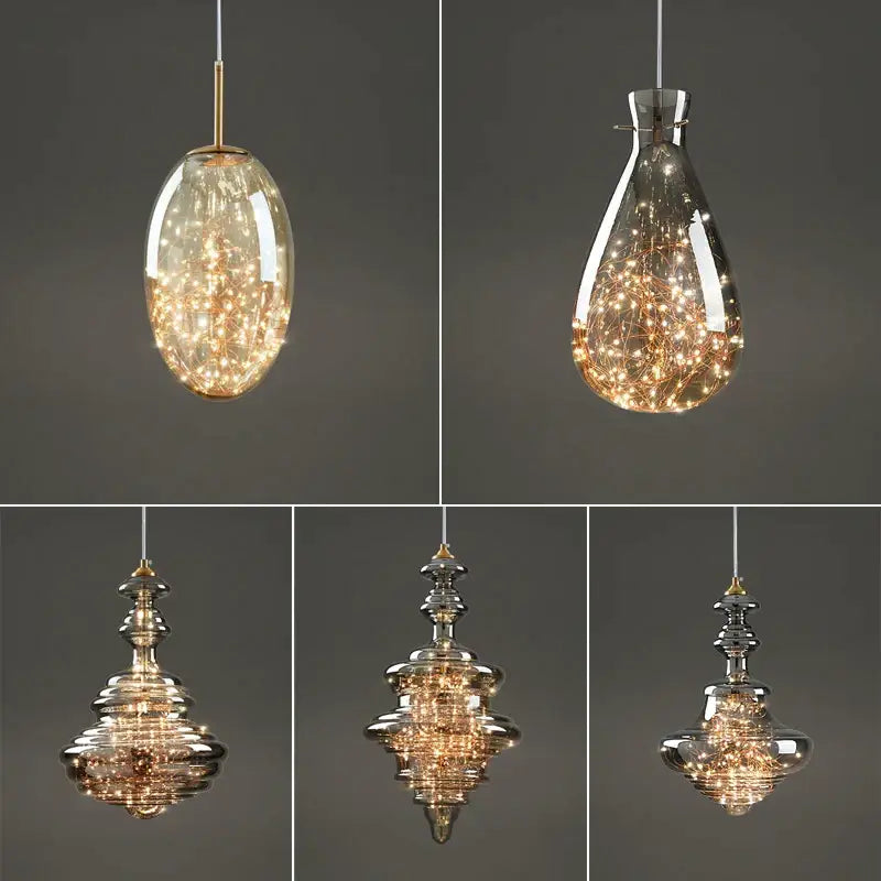 Elegant decorbites crystal chandelier glass pendant light with warm glowing fairy lights and metallic fixtures for dining room