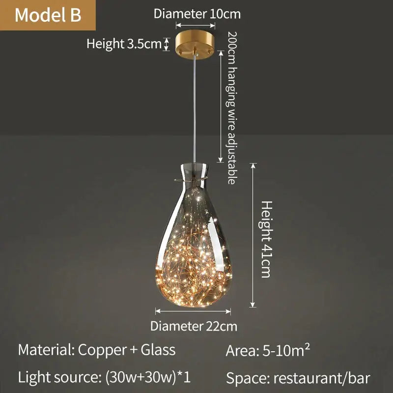 A teardrop-shaped glass pendant light with copper finish and warm fairy lights for dining room decorbites crystal chandelier