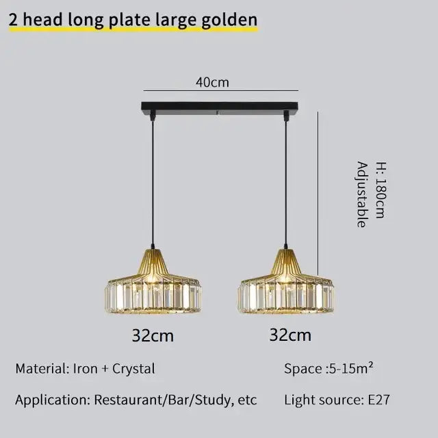 Decorbites crystal chandelier golden two-head pendant light with crystal accents and iron frame for elegant decor
