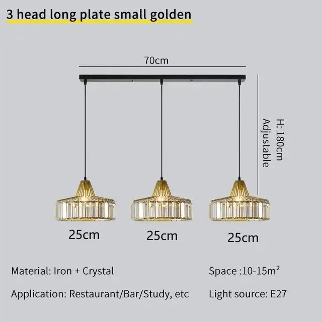 Decorbites crystal chandelier golden three-head pendant light with iron frame and crystal accents for elegant decor
