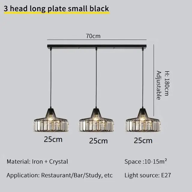 Black iron and crystal three-head pendant light with adjustable height from DecorBites crystal chandelier collection