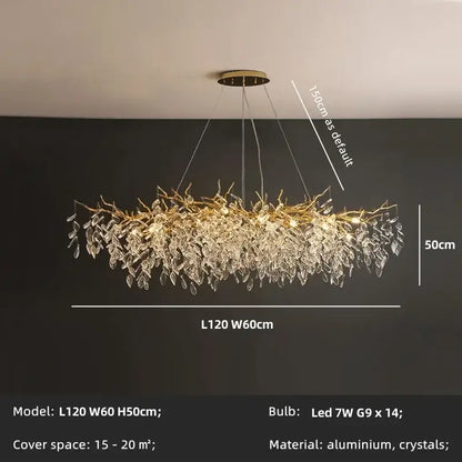 Gold-toned decorbites crystal chandelier with intricate aluminum and crystal leaves branches for dining room lighting