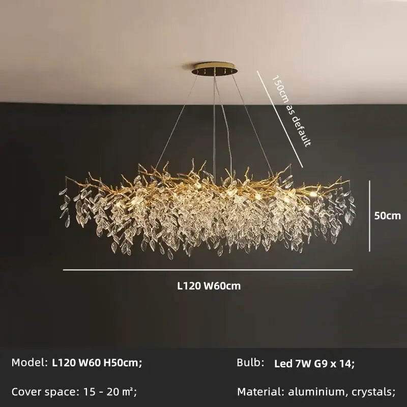 Gold-toned decorbites crystal chandelier with intricate aluminum and crystal leaves branches for dining room lighting