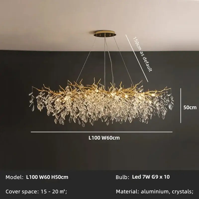 Gold-toned decorbites crystal chandelier with intricate aluminum branches and crystal leaves for dining room lighting