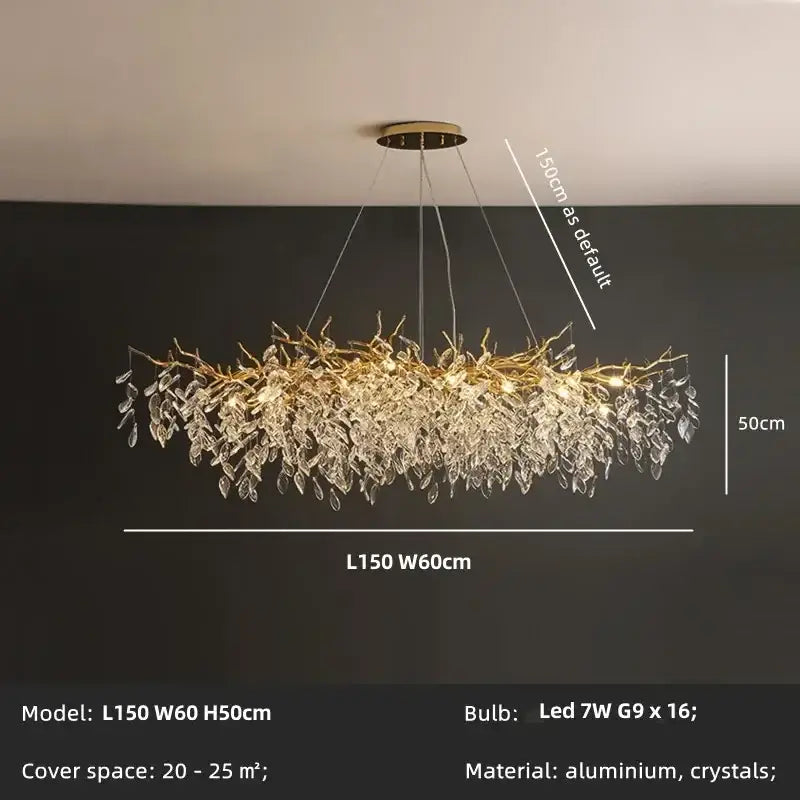 Gold-toned decorbites crystal chandelier with intricate aluminum branch structure and cascading clear crystals for dining room